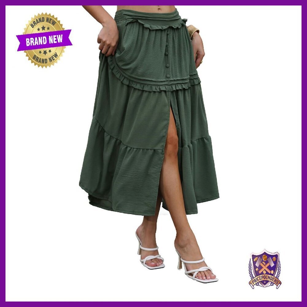 Elastic Waist Button Down Maxi Skirt with Pockets Slit Front